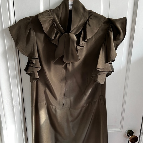 Theory Ruffle Sleeve Tie-Neck Midi Dress – Olive Green, Size 8 - Picture 1 of 10